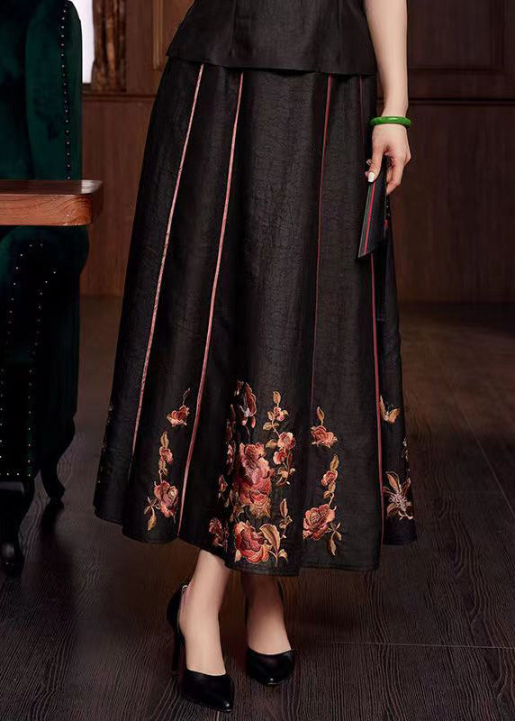 Chinese Style Black Embroideried Pockets Patchwork Silk Skirts Fall