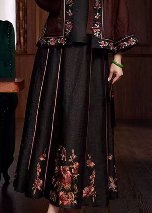 Chinese Style Black Embroideried Pockets Patchwork Silk Skirts Fall