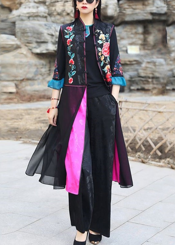 Chinese Style Black Embroideried Side Open Patchwork Silk Long Waistcoat Sleeveless