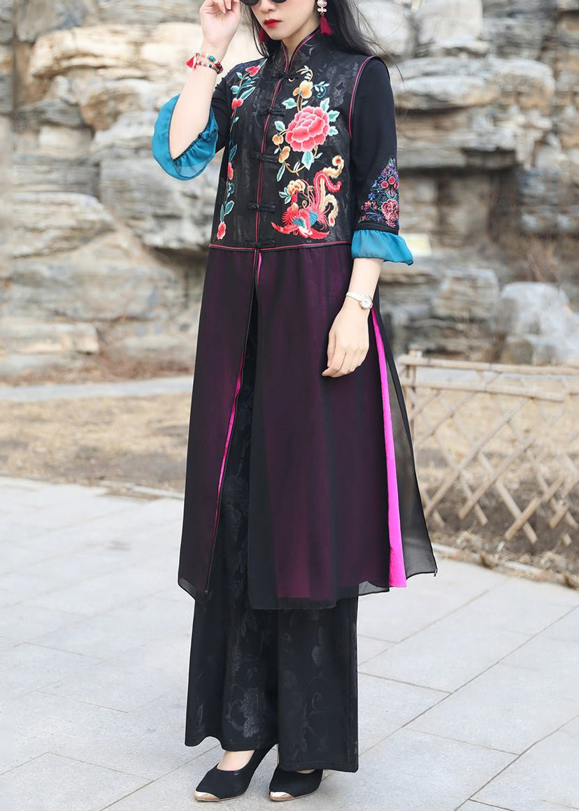 Chinese Style Black Embroideried Side Open Patchwork Silk Long Waistcoat Sleeveless
