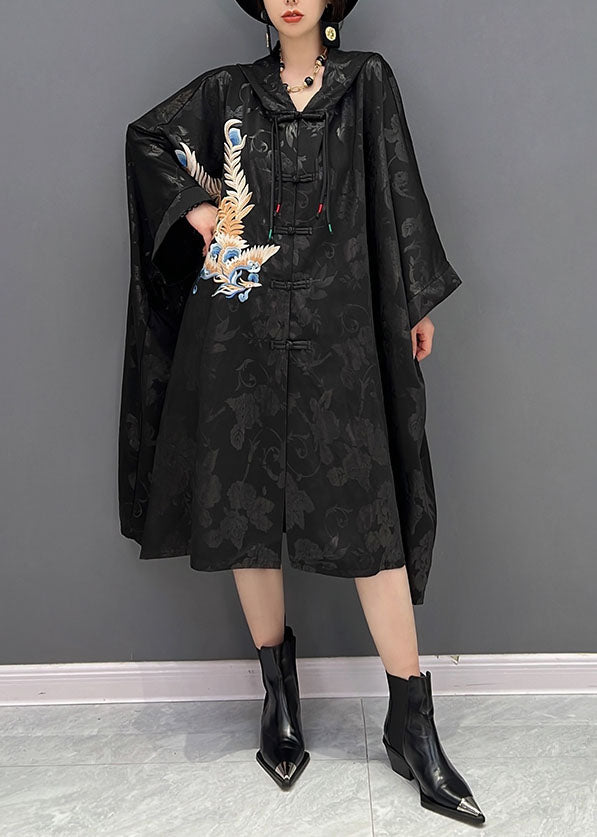Chinese Style Black Hooded Embroideried Jacquard Cotton Trench Coat Fall