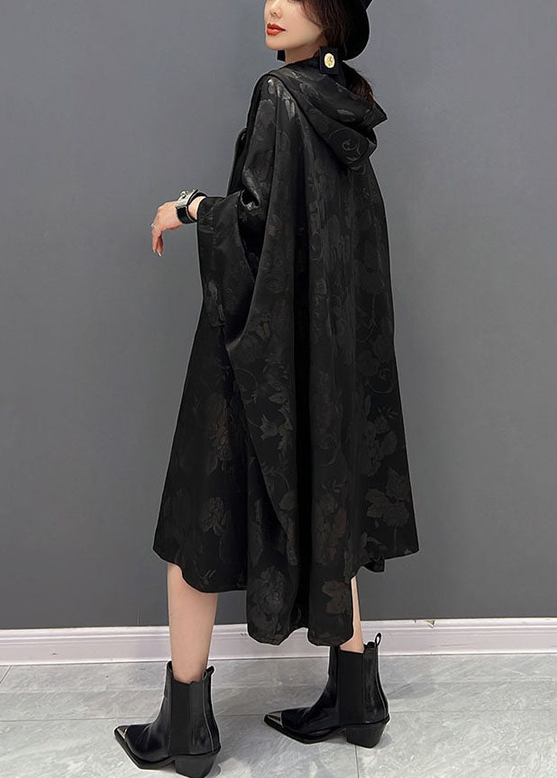 Chinese Style Black Hooded Embroideried Jacquard Cotton Trench Coat Fall