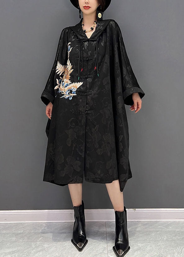 Chinese Style Black Hooded Embroideried Jacquard Cotton Trench Coat Fall