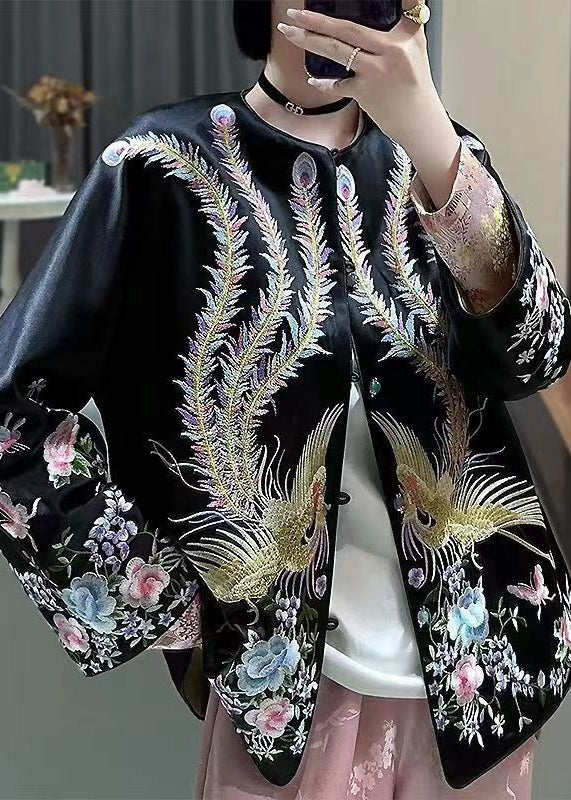 Chinese Style Black O Neck Embroideried Button Silk Coat Spring