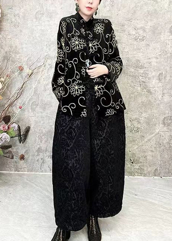 Chinese Style Black O Neck Floral Velour Short Coat Spring