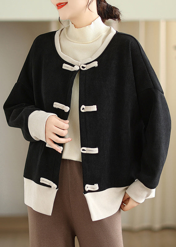 Chinese Style Black O Neck Oriental Button Warm Fleece Coats Fall