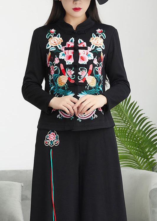 Chinese Style Black Stand Collar Embroideried Patchwork Cotton Top Fall