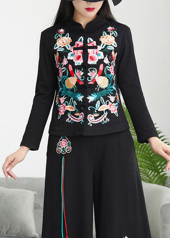 Chinese Style Black Stand Collar Embroideried Patchwork Cotton Top Fall