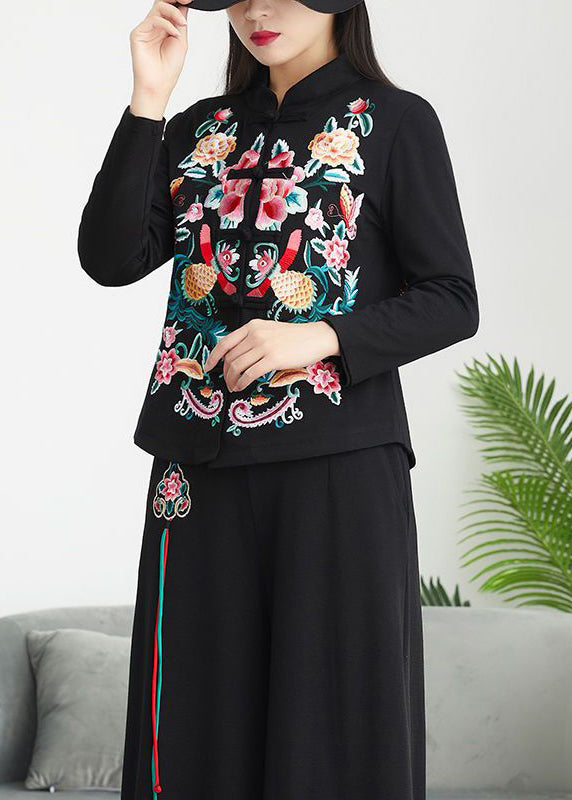 Chinese Style Black Stand Collar Embroideried Patchwork Cotton Top Fall