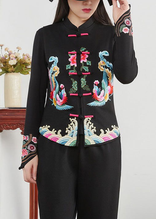 Chinese Style Black Stand Collar Embroideried Patchwork Cotton Waistcoat Sleeveless