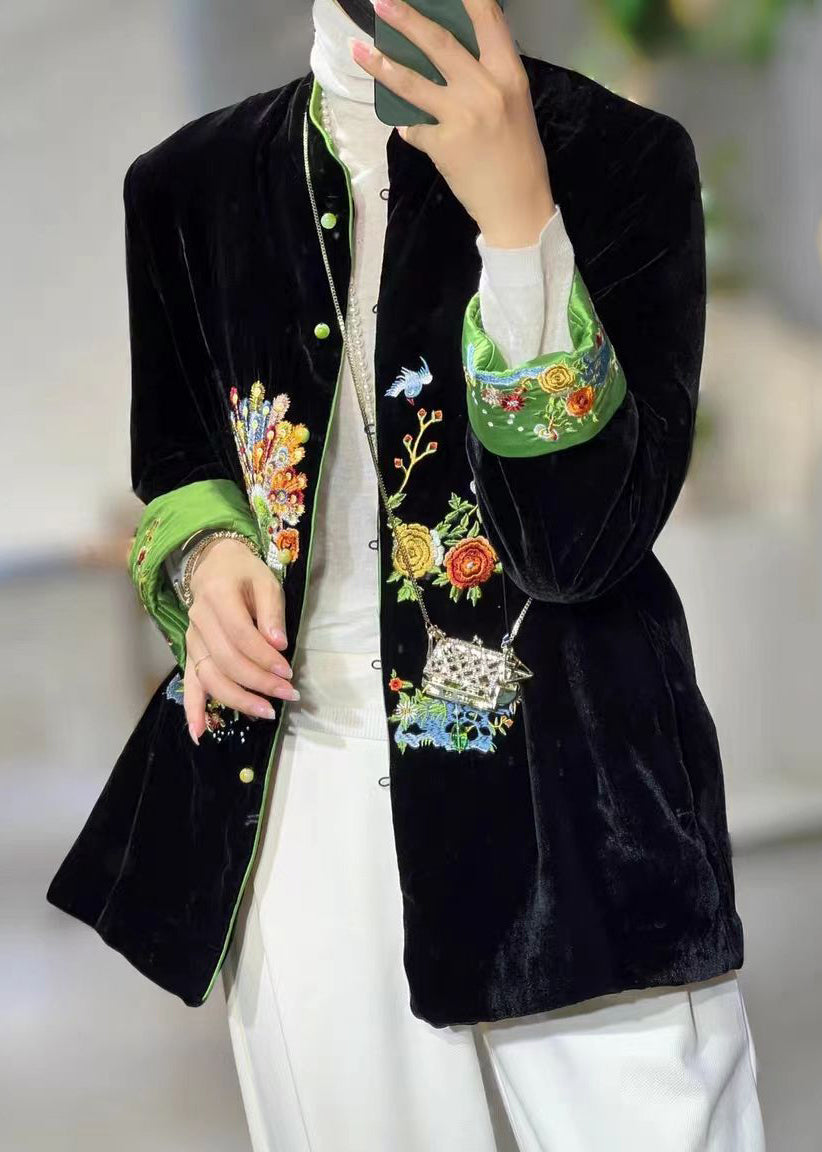 Chinese Style Black Stand Collar Embroidered Patchwork Velour Coats Fall