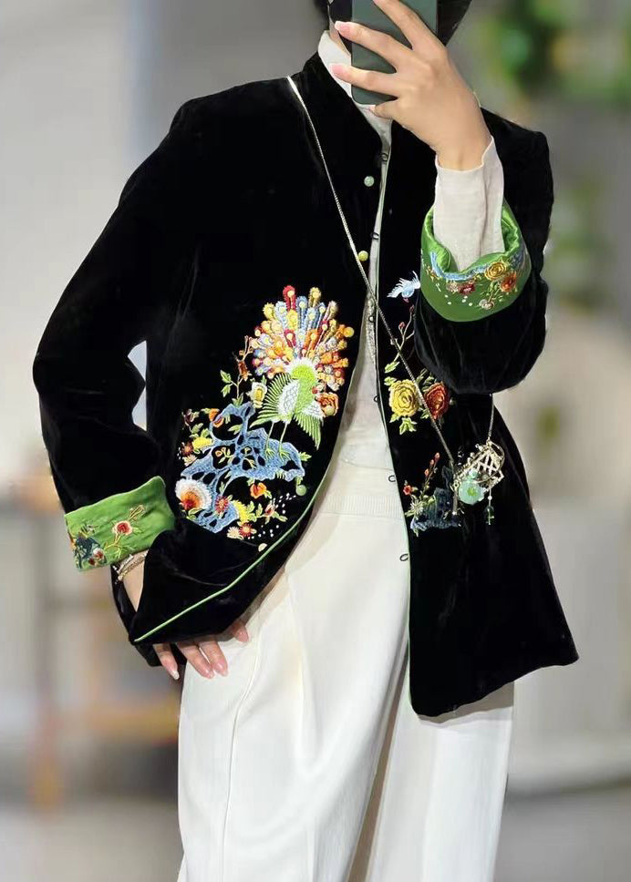 Chinese Style Black Stand Collar Embroidered Patchwork Velour Coats Fall