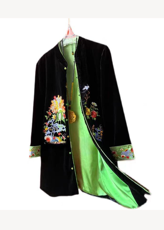 Chinese Style Black Stand Collar Embroidered Patchwork Velour Coats Fall