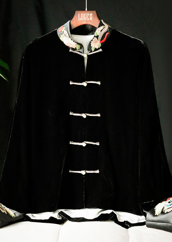 Chinese Style Black Stand Collar Embroideried Patchwork Velour Coats Long Sleeve
