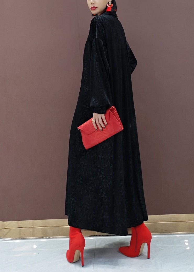 Chinese Style Black Stand Collar Embroideried Silk Velour Maxi Dresses Long Sleeve