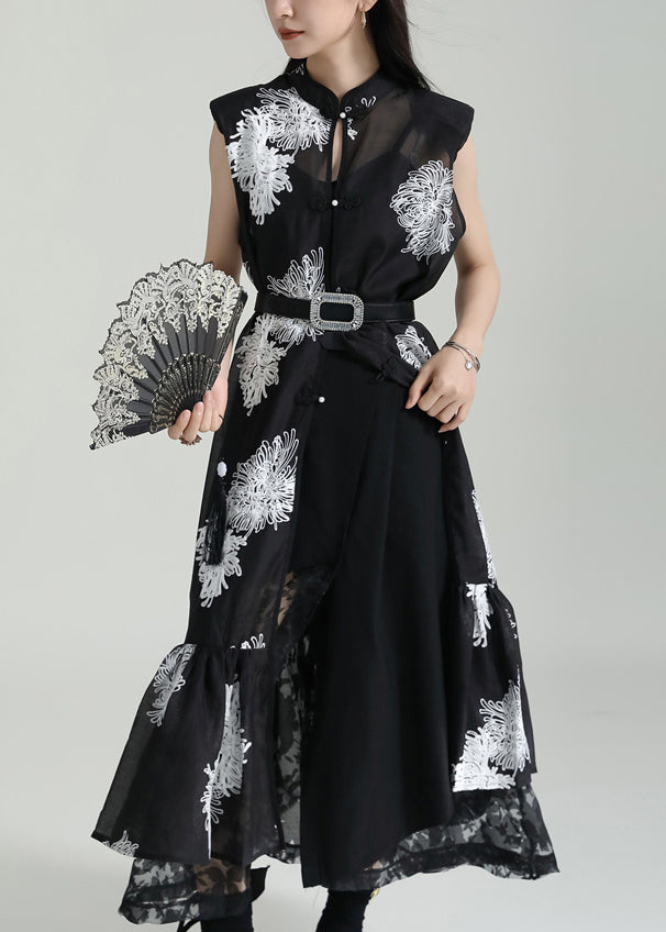 Chinese Style Black Stand Collar Embroideried Tulle Dresses Sleeveless