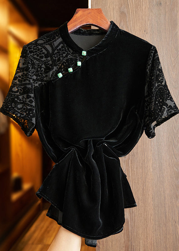Chinese Style Black Stand Collar Patchwork Velour Blouses Short Sleeve