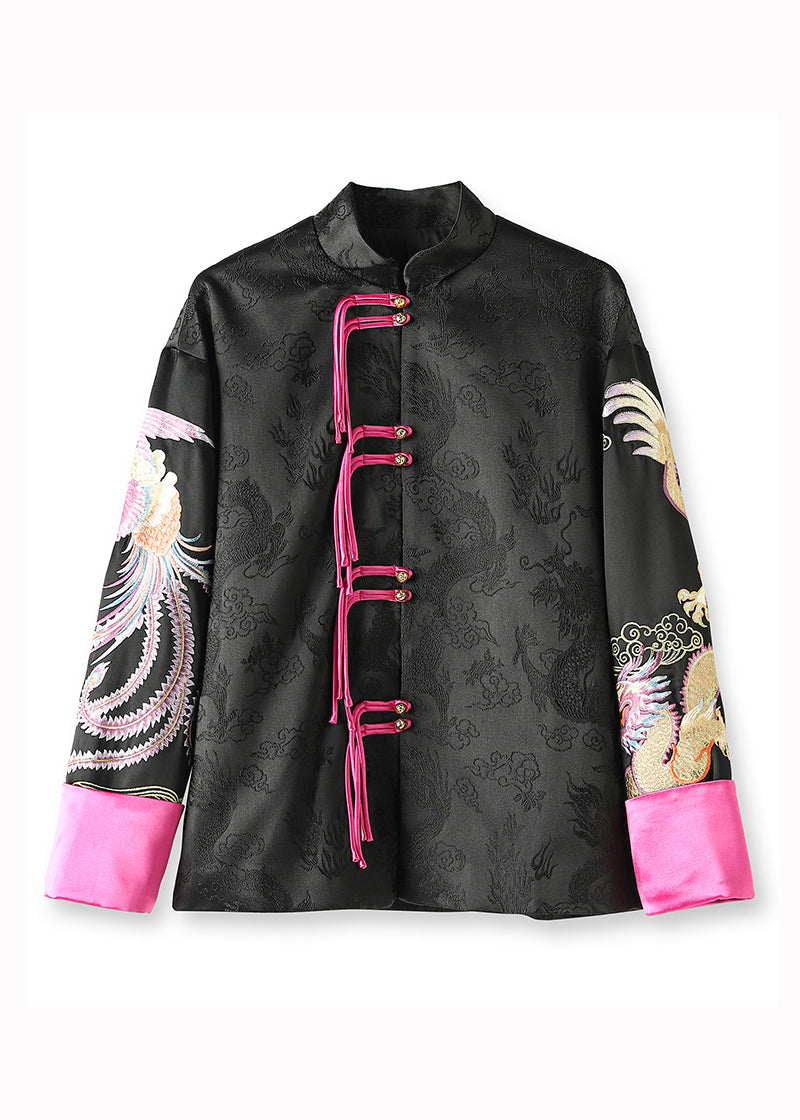 Chinese Style Black Stand Collar Tasseled Embroideried Silk Coat Fall