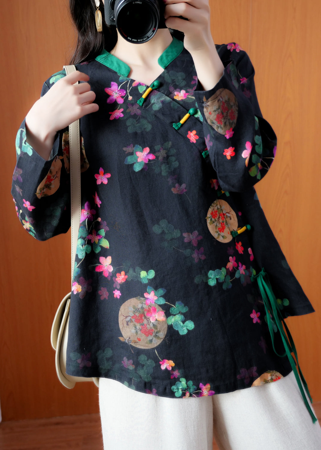 Chinese Style Black Stand Collar tie waist Print Top Long Sleeve
