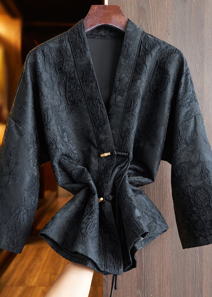 Chinese Style Black Tasseled Jacquard Patchwork Cotton Coats Fall