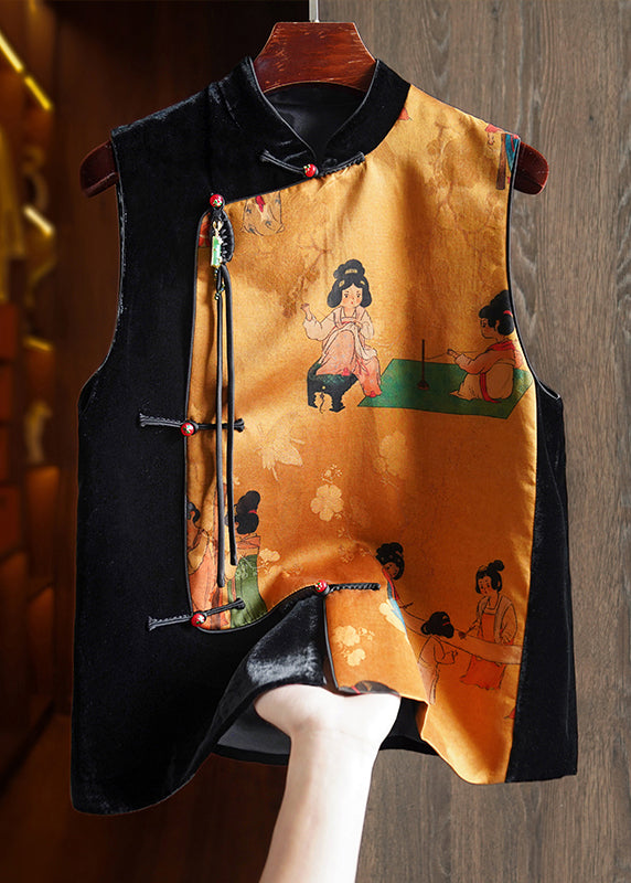 Chinese Style Black Tasseled Print Patchwork Silk Velour Vest Sleeveless