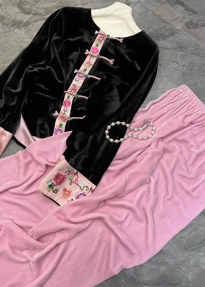 Chinese Style Black Tops And Pink Pants Silk Velour Two Pieces Set Fall
