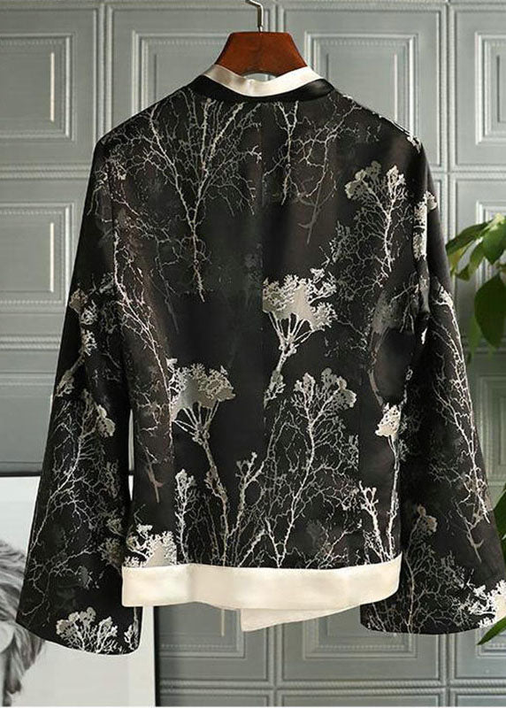 Chinese Style Black V Neck Print Side Open Silk Top Fall