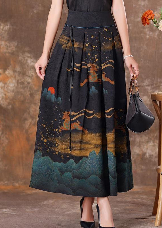 Chinese Style Black Wrinkled Tasseled Pockets Print Silk Skirt Spring