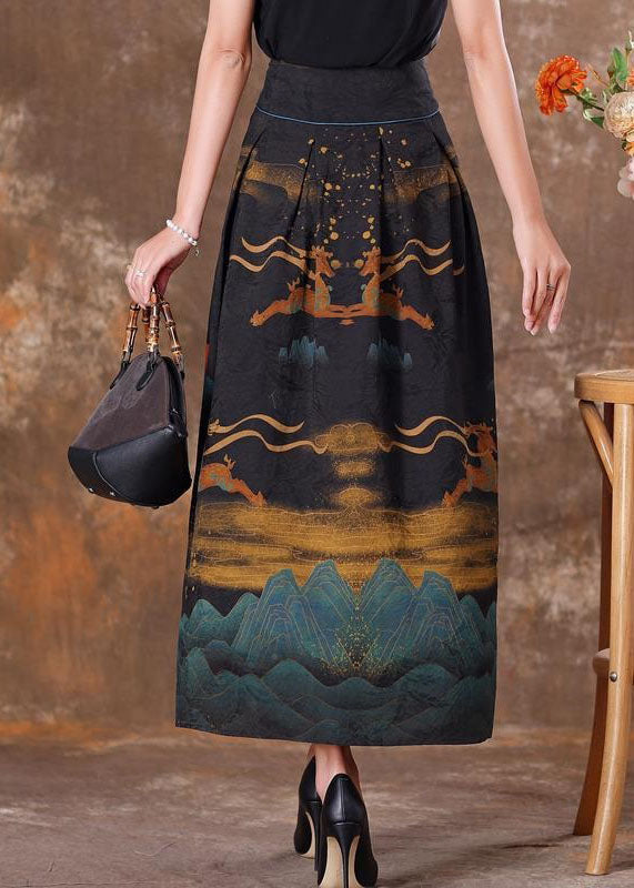 Chinese Style Black Wrinkled Tasseled Pockets Print Silk Skirt Spring