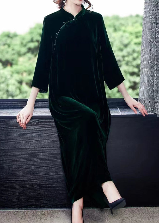 Chinese Style Blackish Green Stand Collar Patchwork Silk Velour Dress Fall