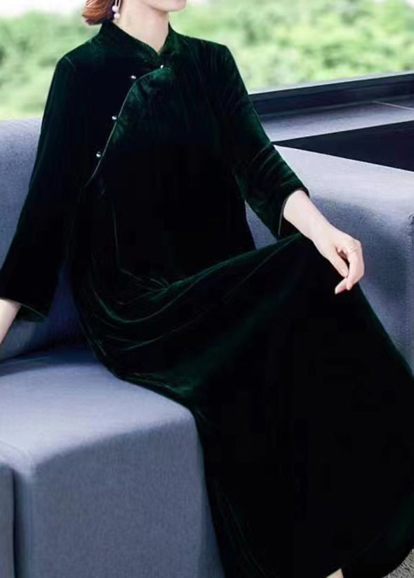 Chinese Style Blackish Green Stand Collar Patchwork Silk Velour Dress Fall
