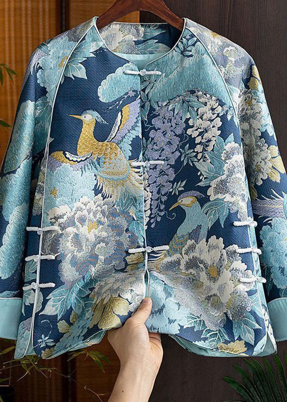 Chinese Style Blue Embroidered Oriental Button Spliced Silk Coat Autumn