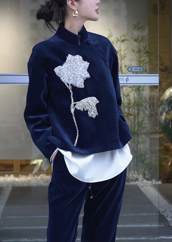 Chinese Style Blue Embroideried Velour Two Piece Set Clothing Fall