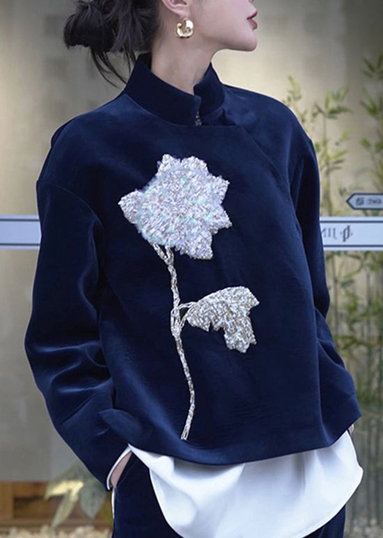 Chinese Style Blue Embroideried Velour Two Piece Set Clothing Fall