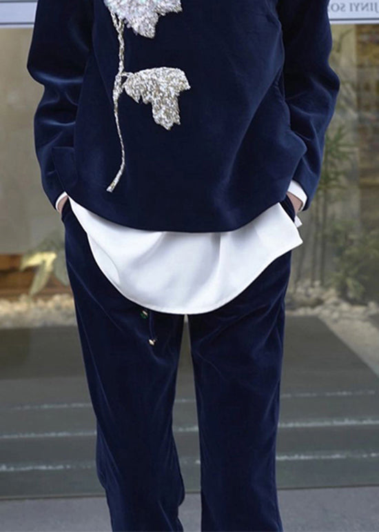 Chinese Style Blue Embroideried Velour Two Piece Set Clothing Fall