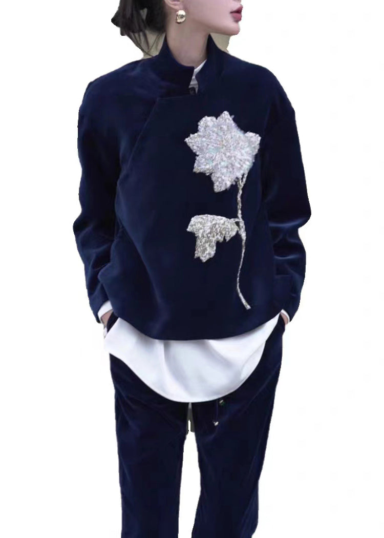 Chinese Style Blue Embroideried Velour Two Piece Set Clothing Fall
