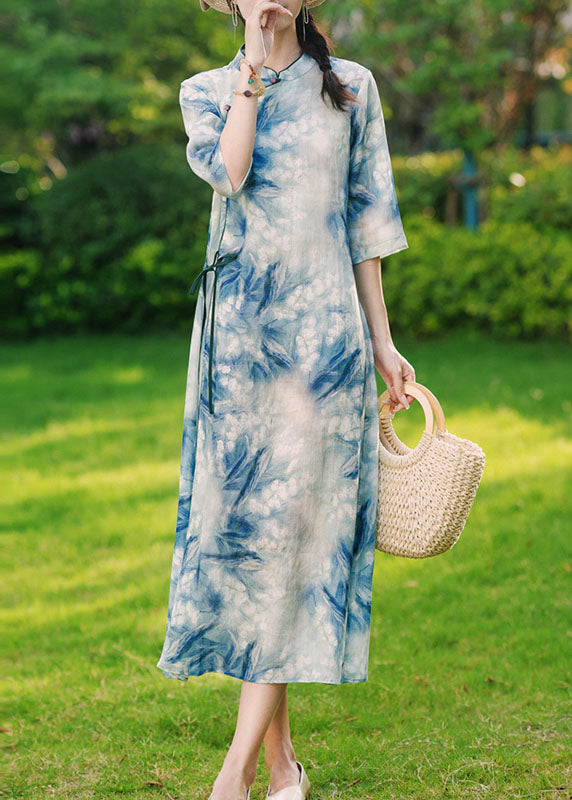 Chinese Style Blue Print Button Lace Up Patchwork Linen Dress Summer