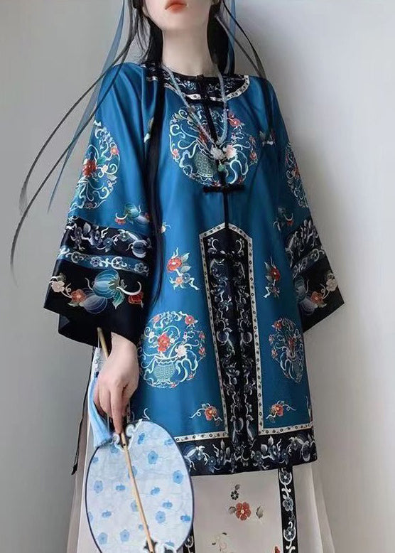 Chinese Style Blue Print Wrinkled Patchwork Silk Two Pieces Set Spring