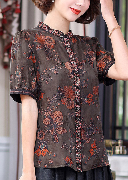 Chinese Style Blue Stand Collar Embroideried Floral Button Silk Top Short Sleeve