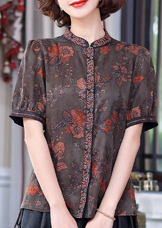 Chinese Style Blue Stand Collar Embroideried Floral Button Silk Top Short Sleeve
