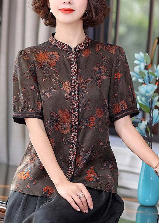 Chinese Style Blue Stand Collar Embroideried Floral Button Silk Top Short Sleeve