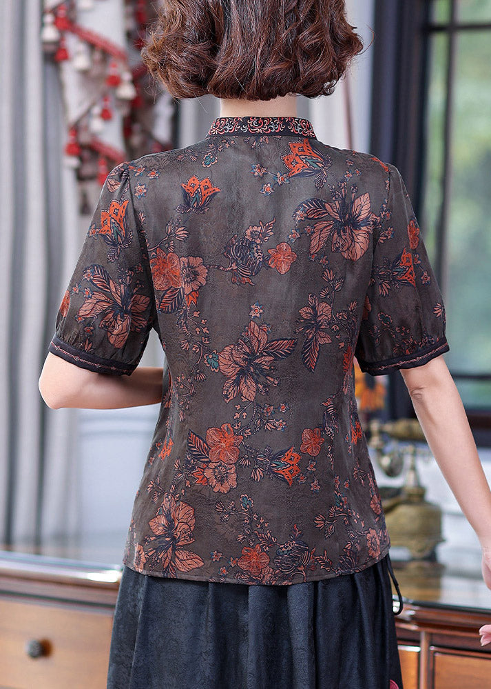 Chinese Style Blue Stand Collar Embroideried Floral Button Silk Top Short Sleeve