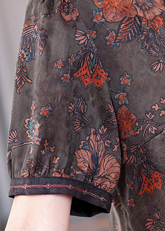 Chinese Style Blue Stand Collar Embroideried Floral Button Silk Top Short Sleeve