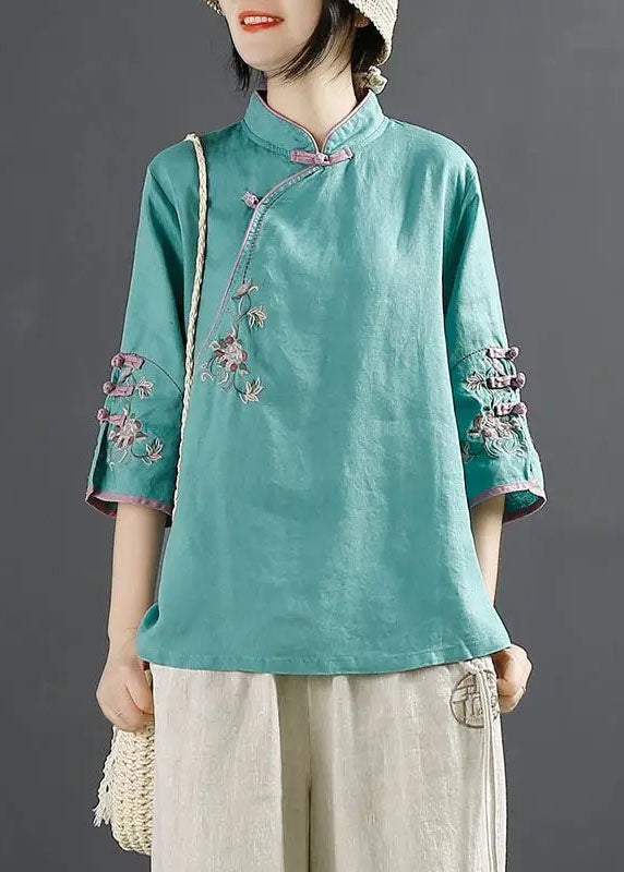 Chinese Style Blue Stand Collar Embroideried Patchwork Cotton Blouses Summer