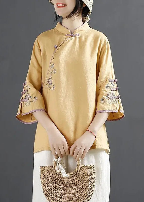 Chinese Style Blue Stand Collar Embroideried Patchwork Cotton Blouses Summer