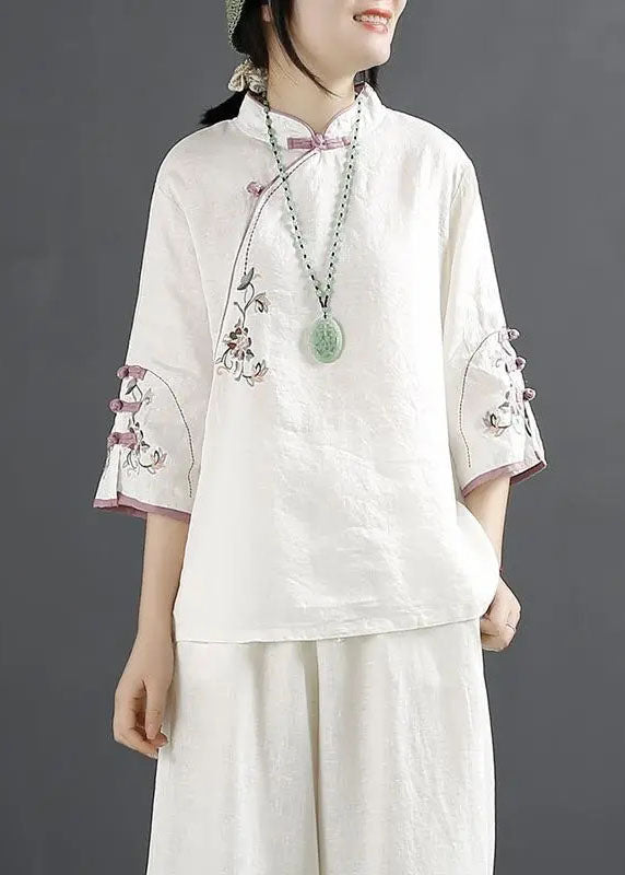 Chinese Style Blue Stand Collar Embroideried Patchwork Cotton Blouses Summer