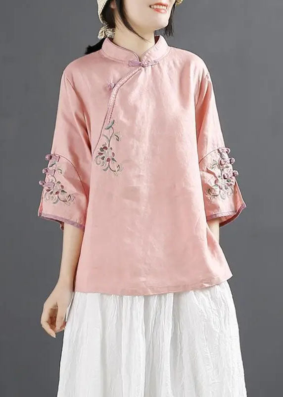 Chinese Style Blue Stand Collar Embroideried Patchwork Cotton Blouses Summer