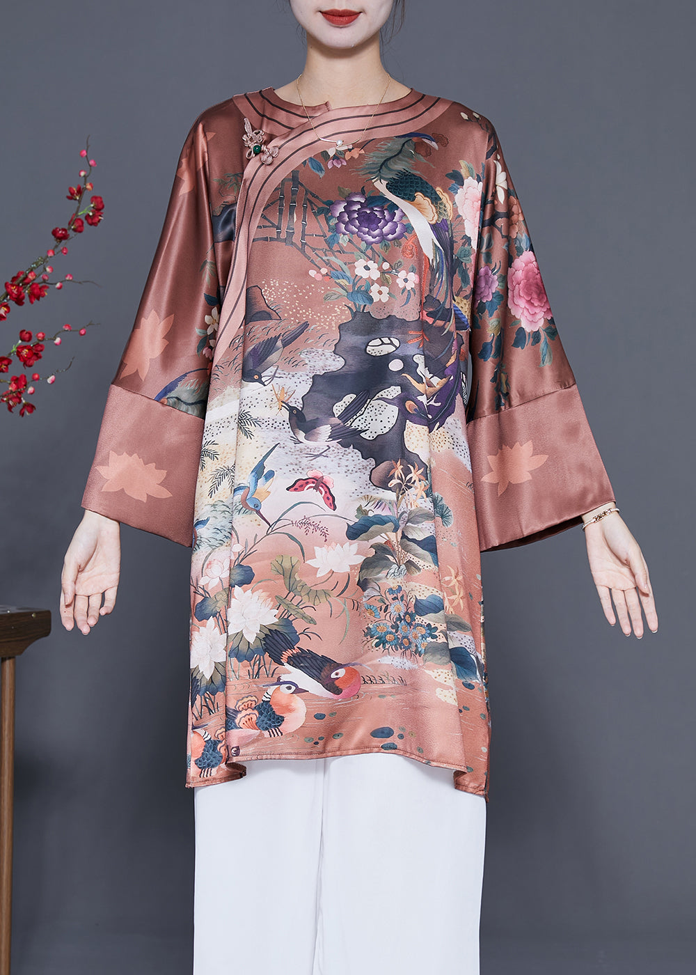 Chinese Style Coffee Chinese Button Print Silk Dress Spring