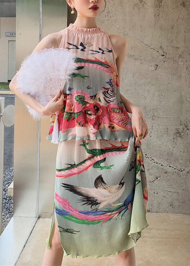 Chinese Style Colorblock Ruffled Tops And Skirts Silk Two Pieces Set Spring