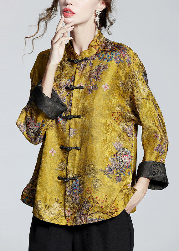 Golden Brown Stand Collar Button Print Silk Coats Long Sleeve